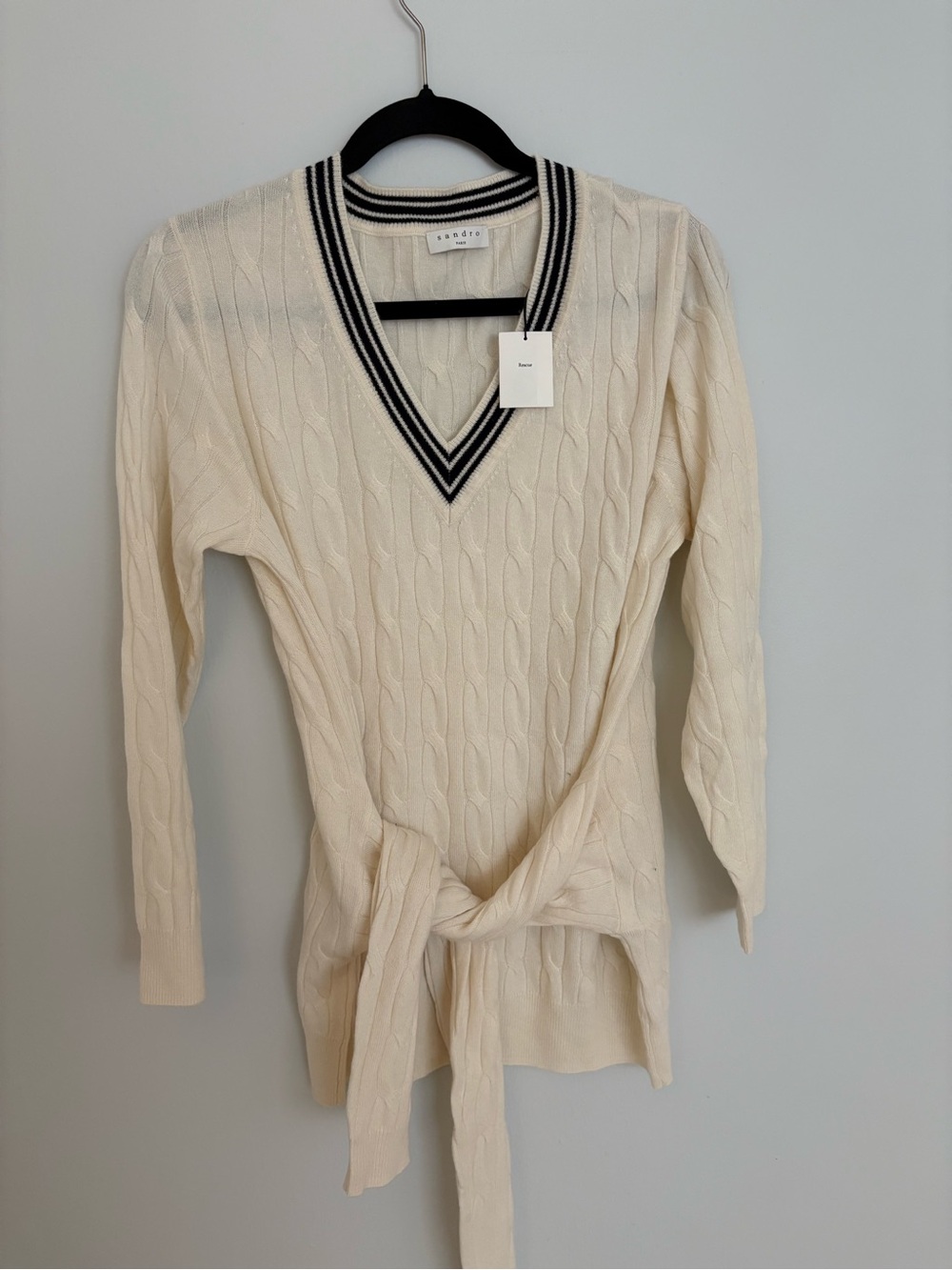 Sandro Cream Cable V-Neck Sweater with Black-Trim